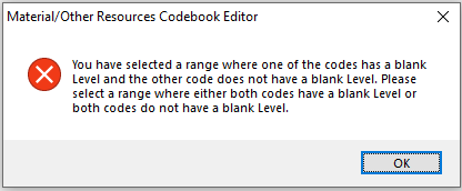 Error: You Have Selected a Range Where One of the Codes Has a Blank Level