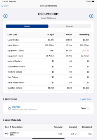 Overview: Cost Code Details View in HCSS Field’s Work Plan