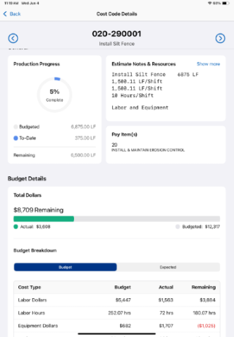 Overview: Cost Code Details View in HCSS Field’s Work Plan