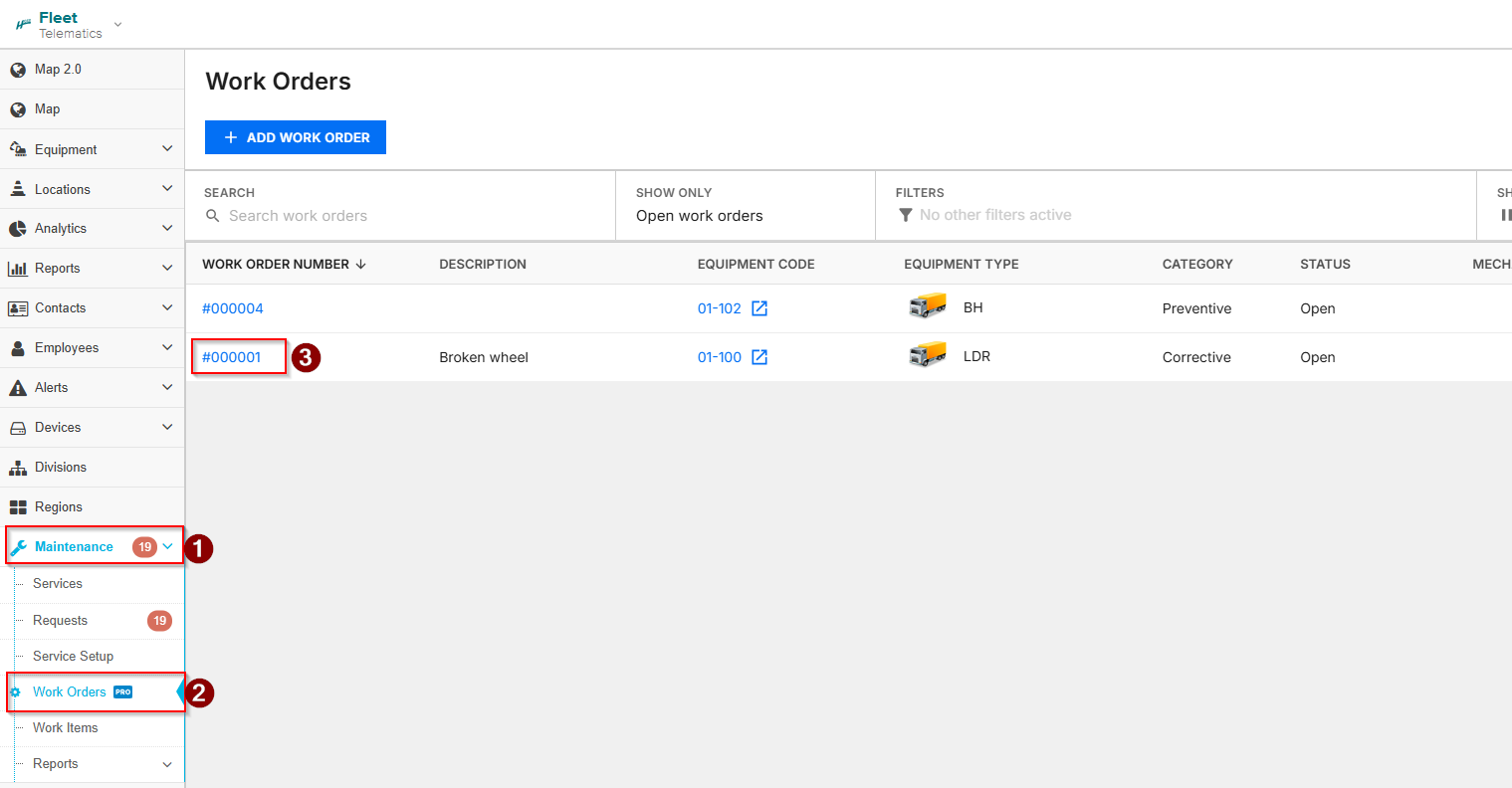 Overview: Work Order List Page in HCSS Fleet Maintenance